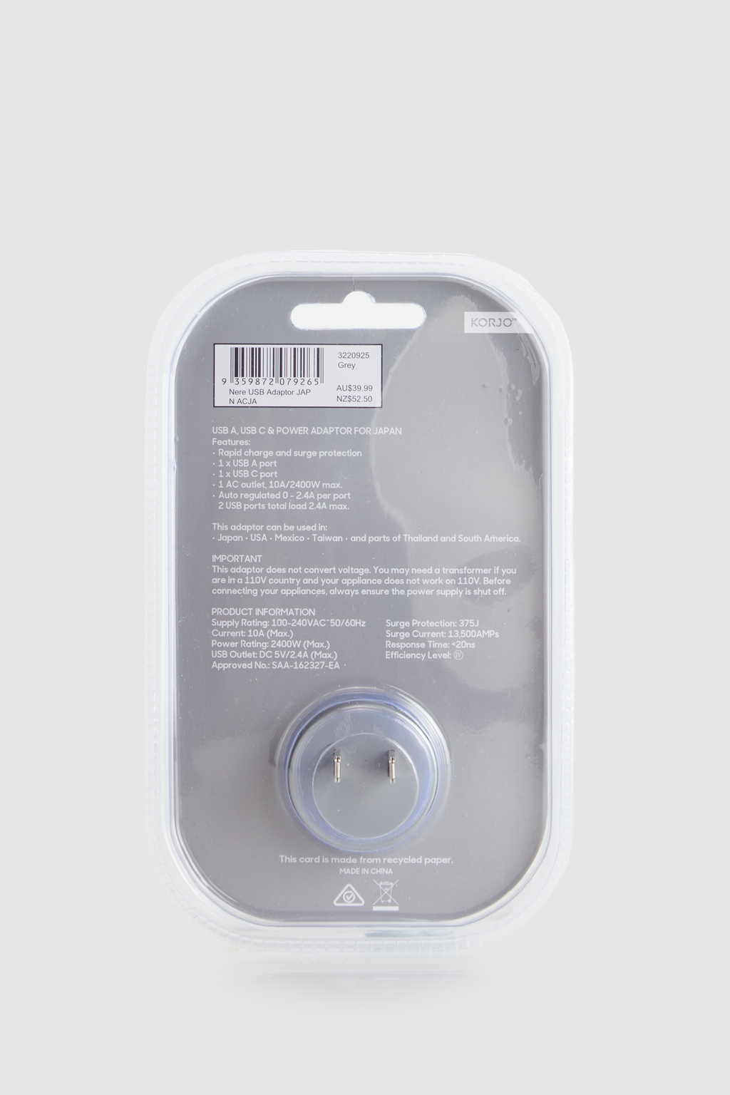 Korjo 2 Port USB & Power Plug Adaptor – Japan/Australia/NZ 2-Pin Type, With USB Ports, Made In Japan